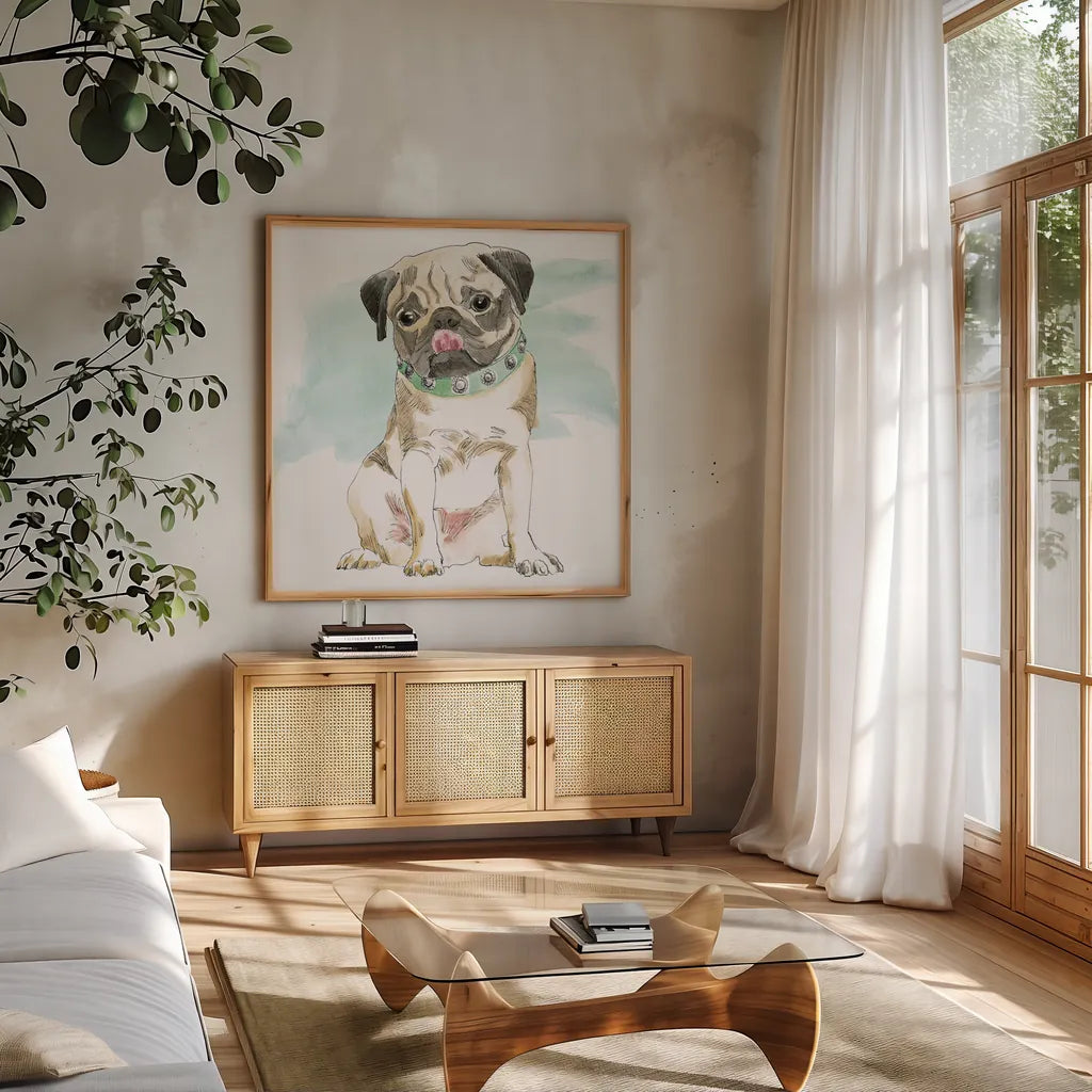 Glamour Pups X by Beth Grove. Shown in a natural wood frame in a cozy modern living room. Available as an archival giclee rolled canvas, fine art paper, or poster print. SKU 29731a.