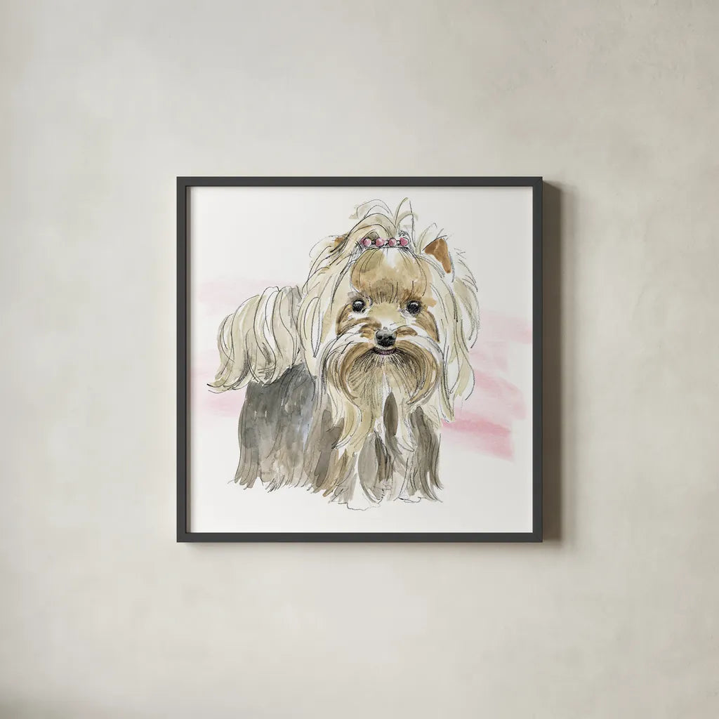 Glamour Pups XII by Beth Grove. Shown in a sleek black glass frame for a contemporary gallery look. Available as an archival giclee rolled canvas, fine art paper, or poster print. SKU 29733a.