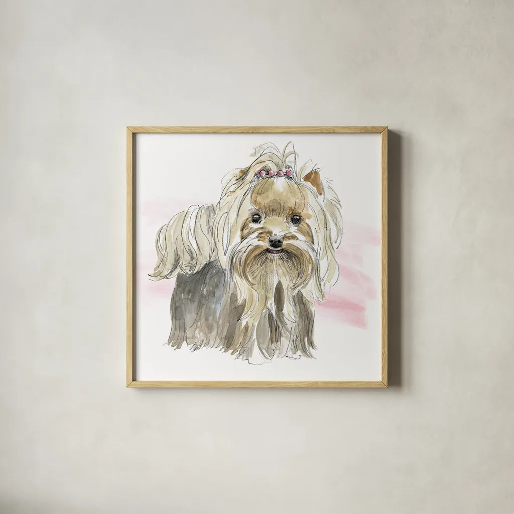 Glamour Pups XII by Beth Grove. Shown in a natural wood glass frame for a timeless modern aesthetic. Available as an archival giclee rolled canvas, fine art paper, or poster print. SKU 29733a.
