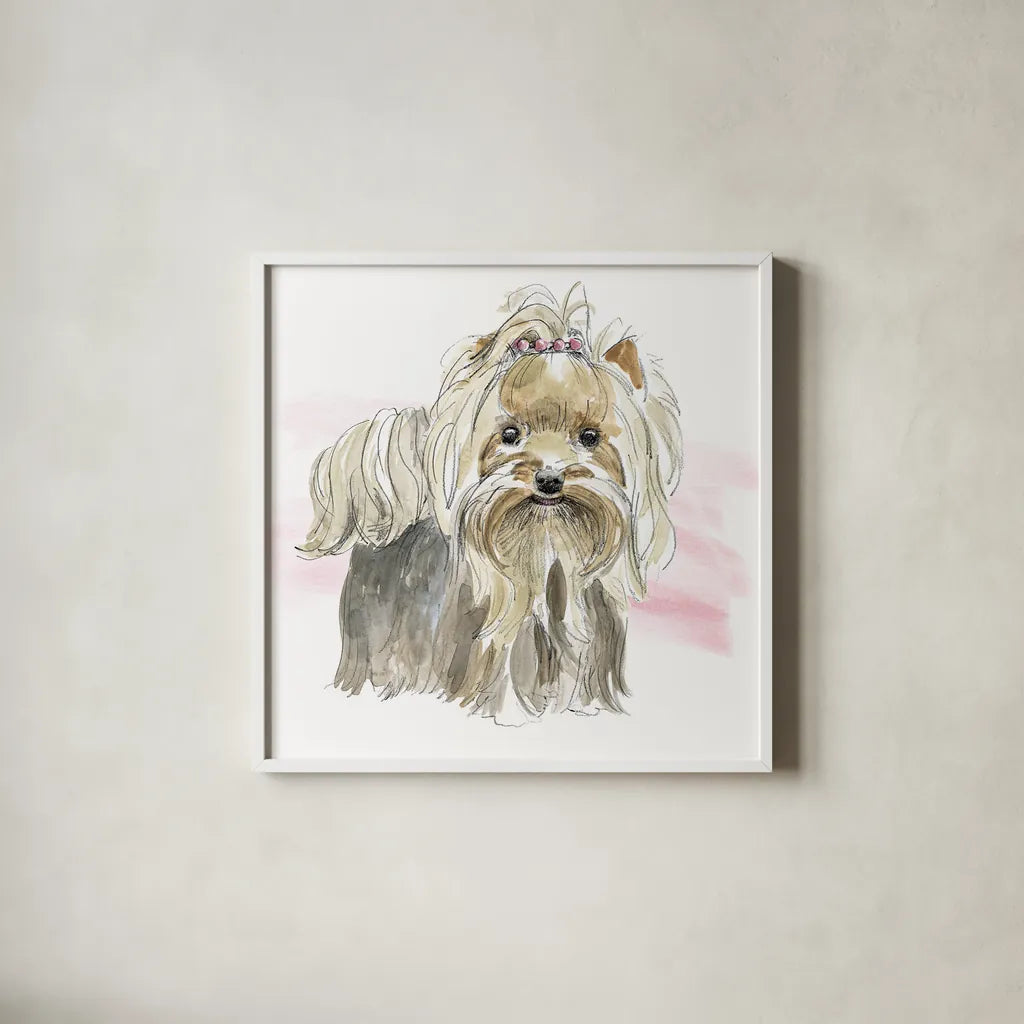 Glamour Pups XII by Beth Grove. Shown in a crisp white glass frame for a clean and minimalist style. Available as an archival giclee rolled canvas, fine art paper, or poster print. SKU 29733a.