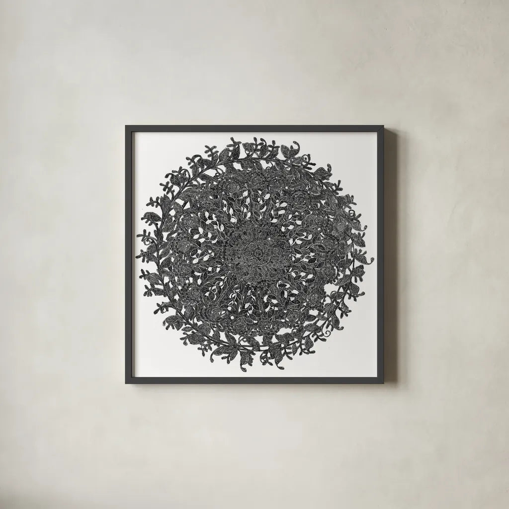 Golden Treasure Medallions by Beth Grove. Shown in a sleek black glass frame for a contemporary gallery look. Available as an archival giclee rolled canvas, fine art paper, or poster print. SKU 23534a.