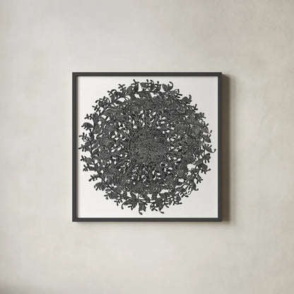 Golden Treasure Medallions by Beth Grove. Shown in a sleek black glass frame for a contemporary gallery look. Available as an archival giclee rolled canvas, fine art paper, or poster print. SKU 23534a.