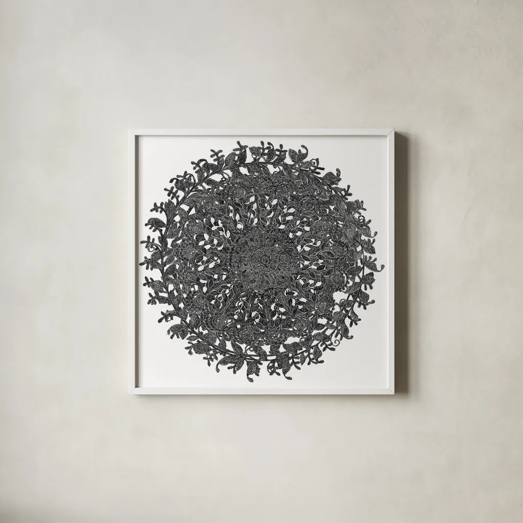 Golden Treasure Medallions by Beth Grove. Shown in a crisp white glass frame for a clean and minimalist style. Available as an archival giclee rolled canvas, fine art paper, or poster print. SKU 23534a.