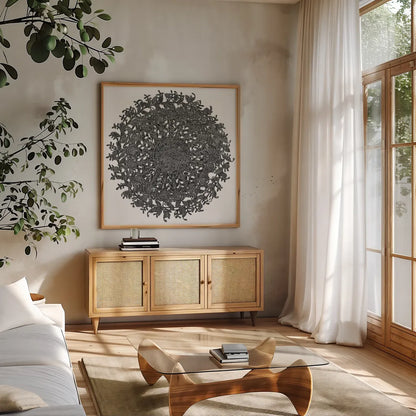 Golden Treasure Medallions by Beth Grove. Shown in a natural wood frame in a cozy modern living room. Available as an archival giclee rolled canvas, fine art paper, or poster print. SKU 23534a.