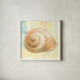 Golden Treasures I by Beth Grove. Shown in a crisp white glass frame for a clean and minimalist style. Available as an archival giclee rolled canvas, fine art paper, or poster print. SKU 23518a.