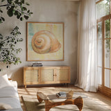 Golden Treasures I by Beth Grove. Shown in a natural wood frame in a cozy modern living room. Available as an archival giclee rolled canvas, fine art paper, or poster print. SKU 23518a.
