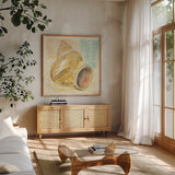 Golden Treasures II by Beth Grove. Shown in a natural wood frame in a cozy modern living room. Available as an archival giclee rolled canvas, fine art paper, or poster print. SKU 23519a.
