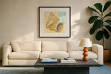 Golden Treasures II by Beth Grove. Displayed in a glass frame with matte in a clean modern living room. Available as an archival giclee rolled canvas, fine art paper, or poster print. SKU 23519a.