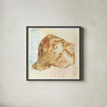 Golden Treasures III by Beth Grove. Shown in a sleek black glass frame for a contemporary gallery look. Available as an archival giclee rolled canvas, fine art paper, or poster print. SKU 23520a.