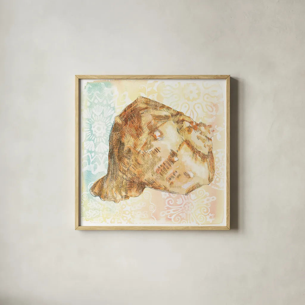 Golden Treasures III by Beth Grove. Shown in a natural wood glass frame for a timeless modern aesthetic. Available as an archival giclee rolled canvas, fine art paper, or poster print. SKU 23520a.