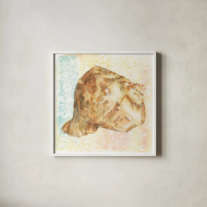 Golden Treasures III by Beth Grove. Shown in a crisp white glass frame for a clean and minimalist style. Available as an archival giclee rolled canvas, fine art paper, or poster print. SKU 23520a.