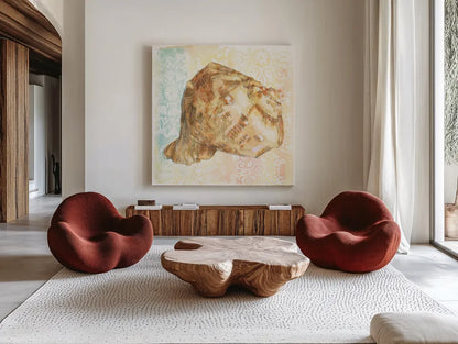 Golden Treasures III by Beth Grove. Shown as extra-large giant wall art in a modern living room. Available as an archival giclee rolled canvas, fine art paper, or poster print. SKU 23520a.