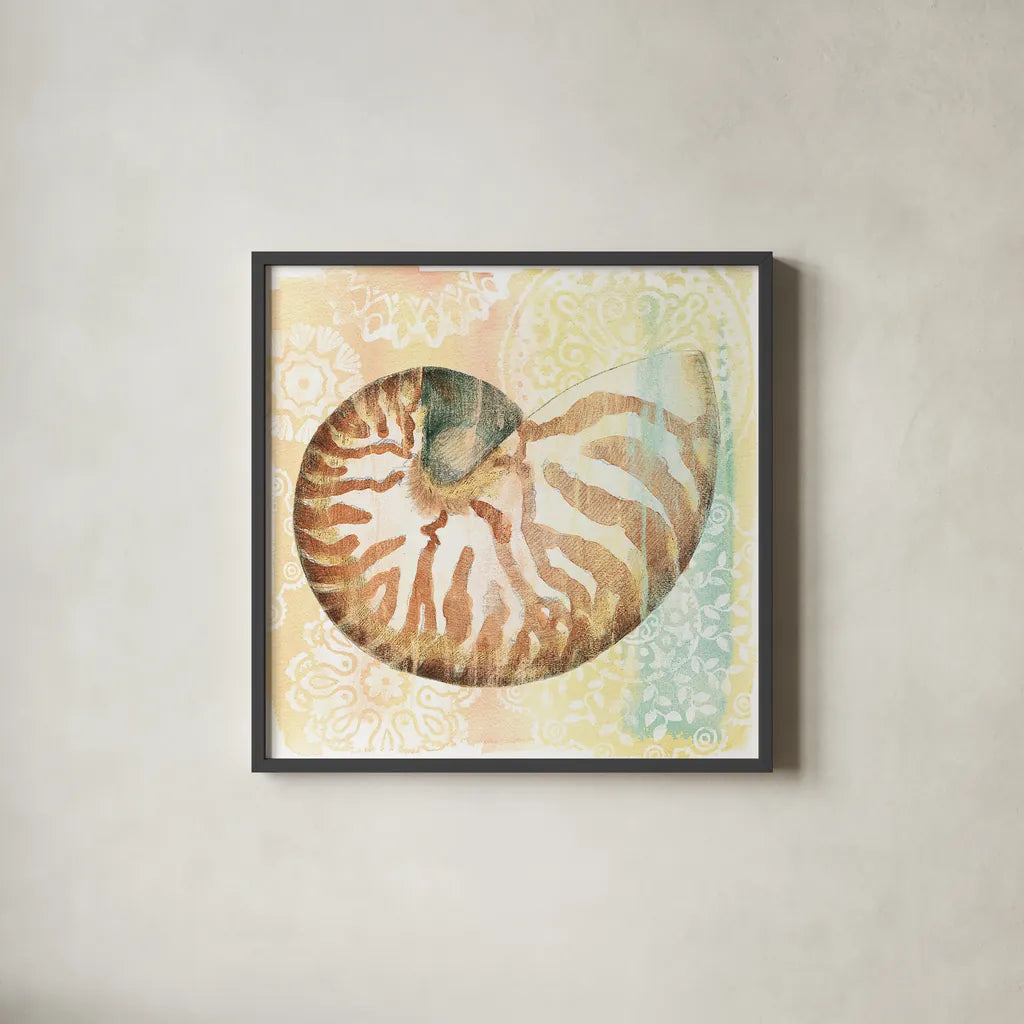 Golden Treasures IV by Beth Grove. Shown in a sleek black glass frame for a contemporary gallery look. Available as an archival giclee rolled canvas, fine art paper, or poster print. SKU 23521a.