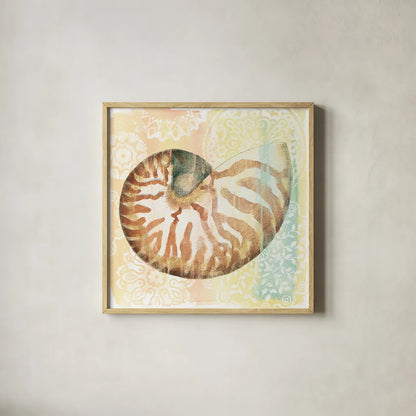 Golden Treasures IV by Beth Grove. Shown in a natural wood glass frame for a timeless modern aesthetic. Available as an archival giclee rolled canvas, fine art paper, or poster print. SKU 23521a.