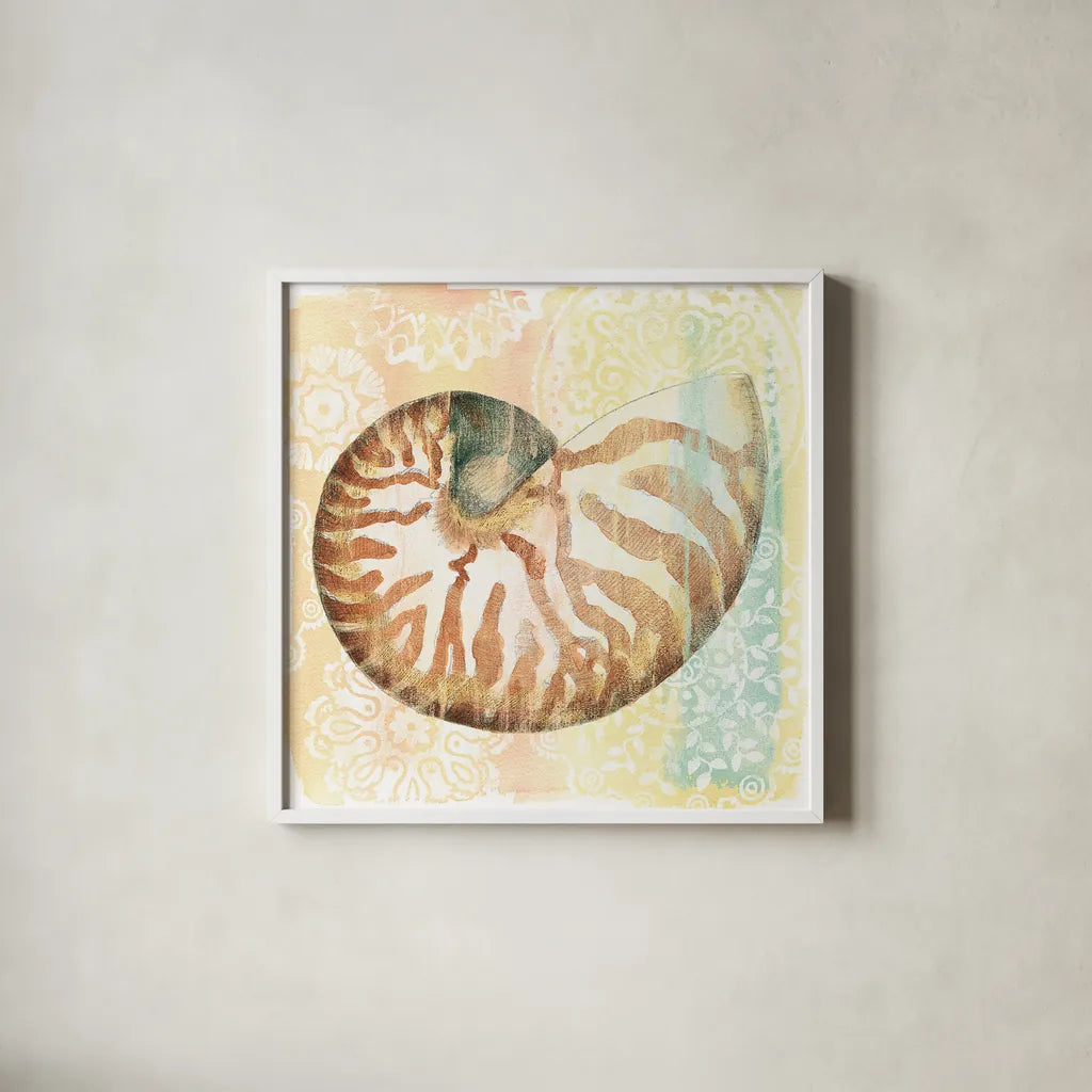Golden Treasures IV by Beth Grove. Shown in a crisp white glass frame for a clean and minimalist style. Available as an archival giclee rolled canvas, fine art paper, or poster print. SKU 23521a.
