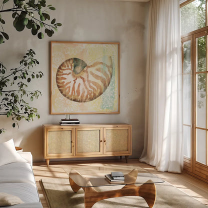 Golden Treasures IV by Beth Grove. Shown in a natural wood frame in a cozy modern living room. Available as an archival giclee rolled canvas, fine art paper, or poster print. SKU 23521a.