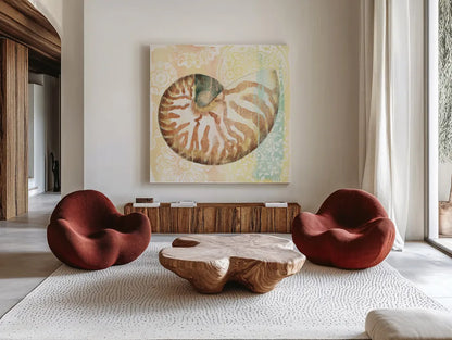 Golden Treasures IV by Beth Grove. Shown as extra-large giant wall art in a modern living room. Available as an archival giclee rolled canvas, fine art paper, or poster print. SKU 23521a.