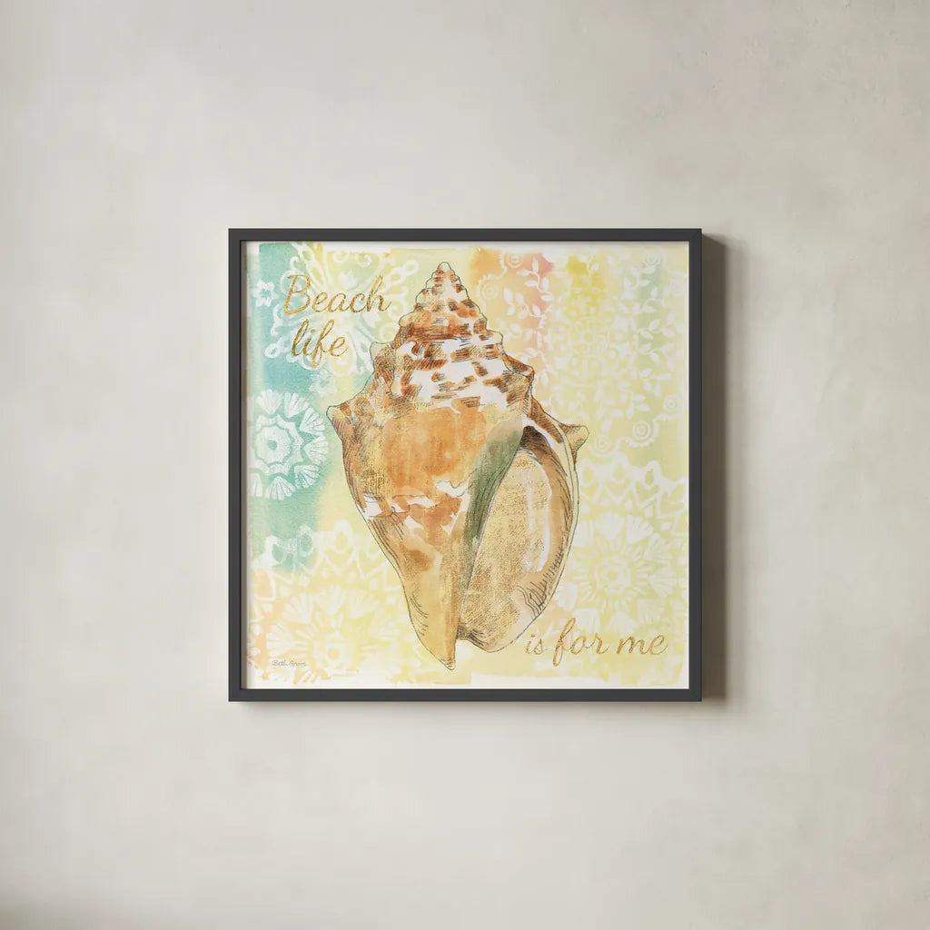 Golden Treasures Inspiration V by Beth Grove. Shown in a sleek black glass frame for a contemporary gallery look. Available as an archival giclee rolled canvas, fine art paper, or poster print. SKU 23530a.