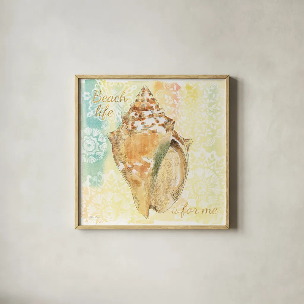 Golden Treasures Inspiration V by Beth Grove. Shown in a natural wood glass frame for a timeless modern aesthetic. Available as an archival giclee rolled canvas, fine art paper, or poster print. SKU 23530a.