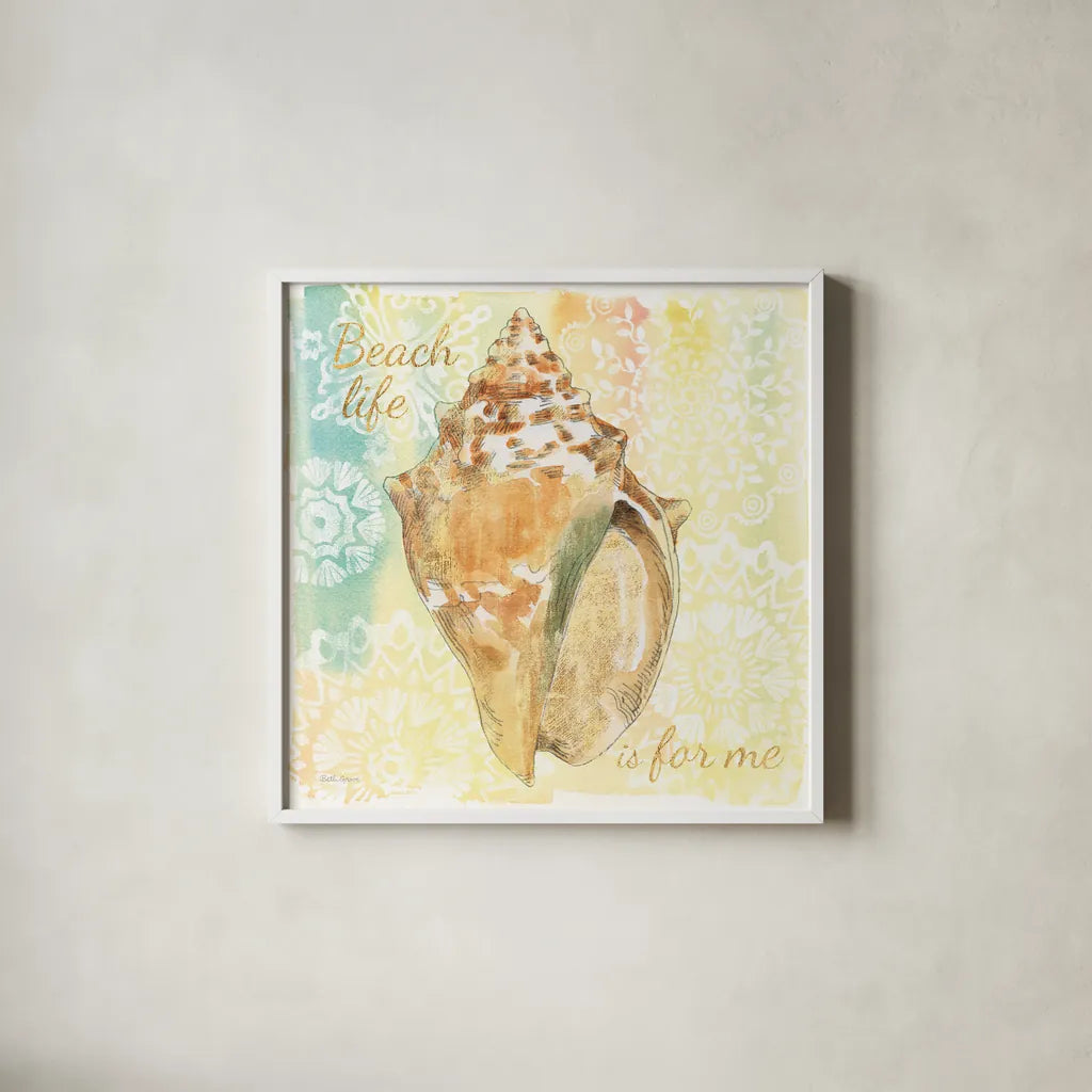 Golden Treasures Inspiration V by Beth Grove. Shown in a crisp white glass frame for a clean and minimalist style. Available as an archival giclee rolled canvas, fine art paper, or poster print. SKU 23530a.
