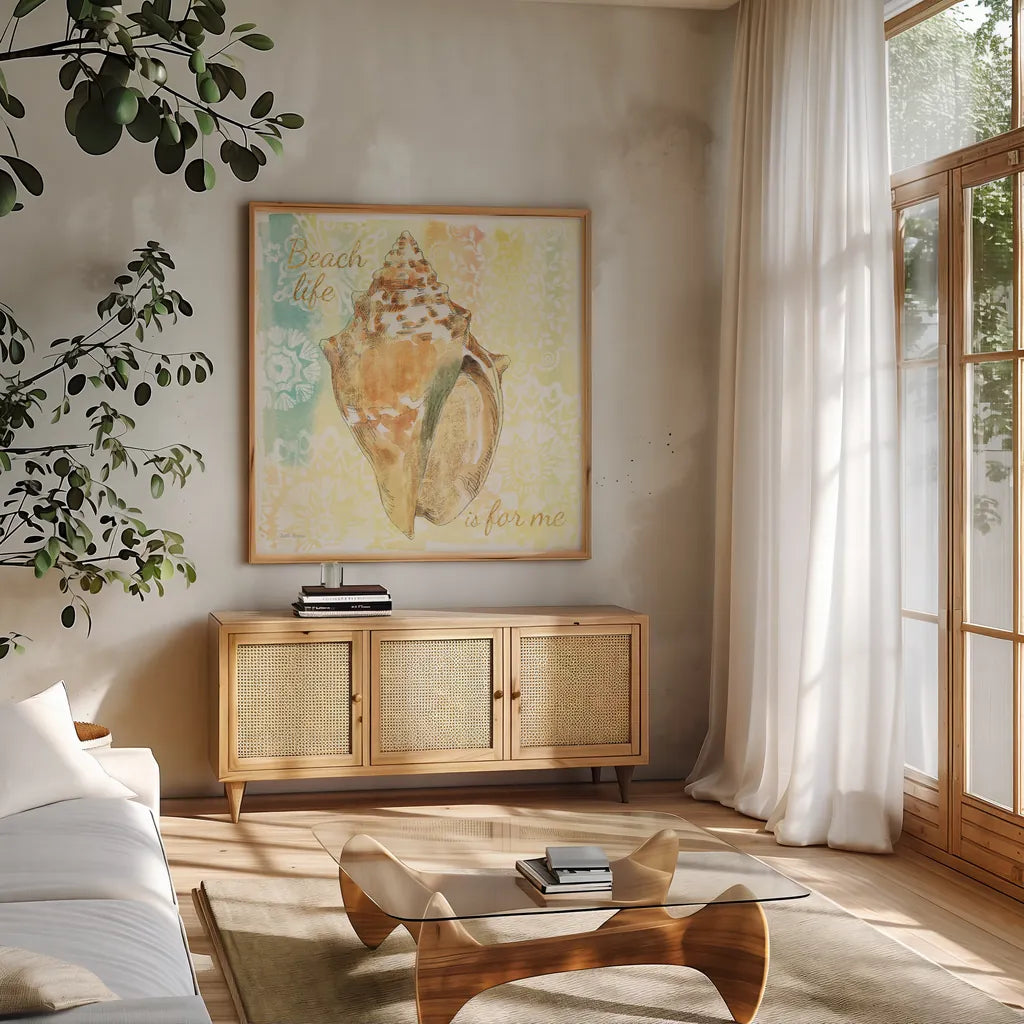 Golden Treasures Inspiration V by Beth Grove. Shown in a natural wood frame in a cozy modern living room. Available as an archival giclee rolled canvas, fine art paper, or poster print. SKU 23530a.