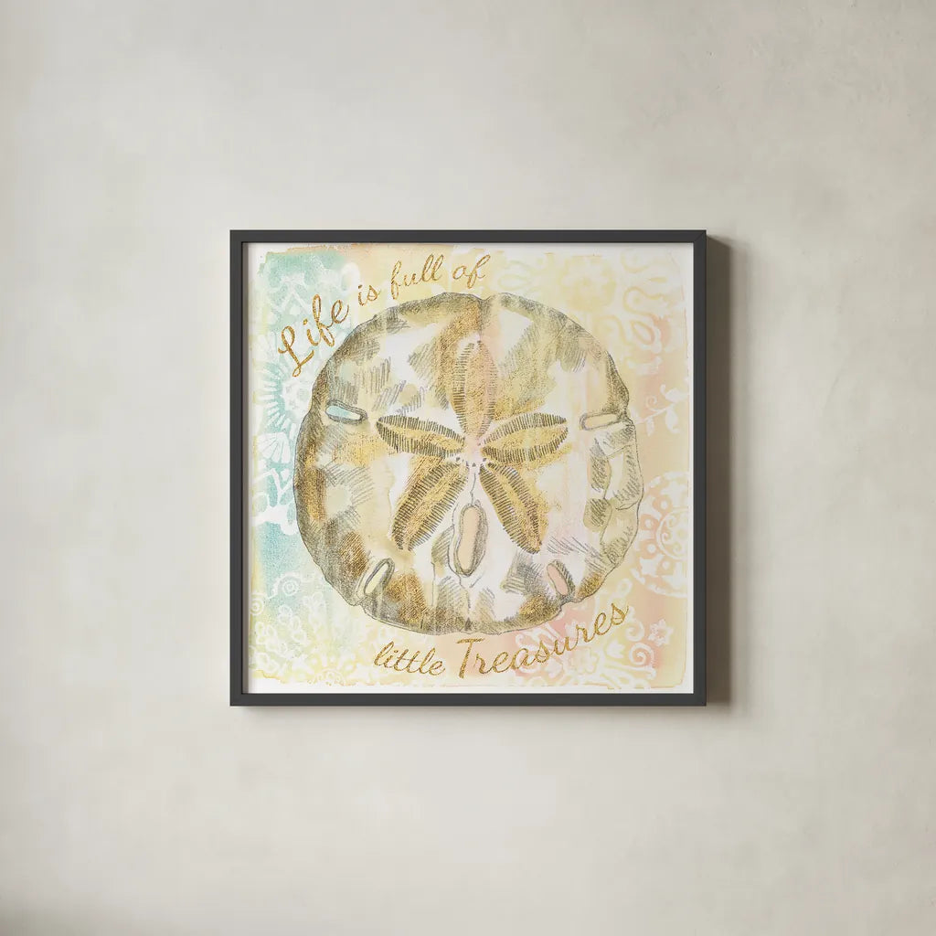 Golden Treasures Inspiration VII by Beth Grove. Shown in a sleek black glass frame for a contemporary gallery look. Available as an archival giclee rolled canvas, fine art paper, or poster print. SKU 23532a.