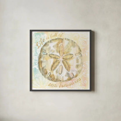 Golden Treasures Inspiration VII by Beth Grove. Shown in a sleek black glass frame for a contemporary gallery look. Available as an archival giclee rolled canvas, fine art paper, or poster print. SKU 23532a.