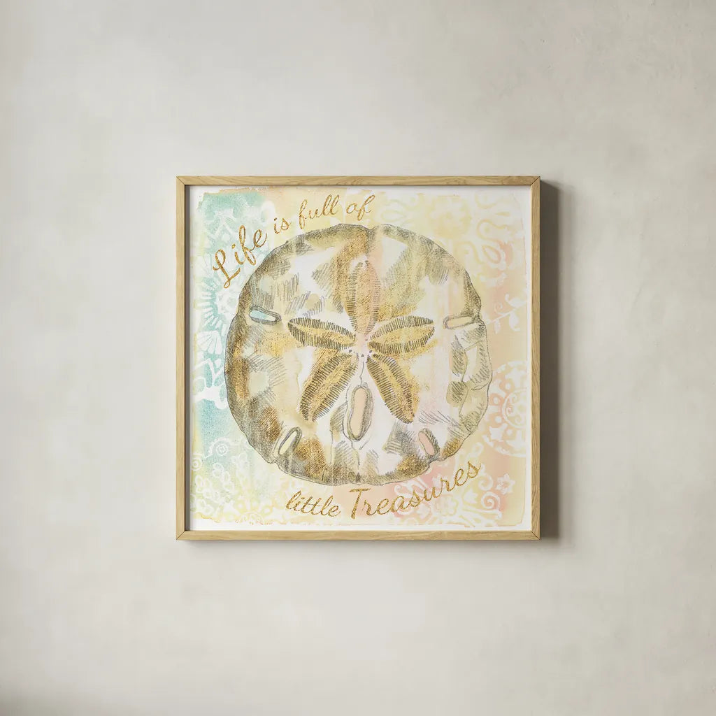 Golden Treasures Inspiration VII by Beth Grove. Shown in a natural wood glass frame for a timeless modern aesthetic. Available as an archival giclee rolled canvas, fine art paper, or poster print. SKU 23532a.