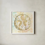 Golden Treasures Inspiration VII by Beth Grove. Shown in a crisp white glass frame for a clean and minimalist style. Available as an archival giclee rolled canvas, fine art paper, or poster print. SKU 23532a.