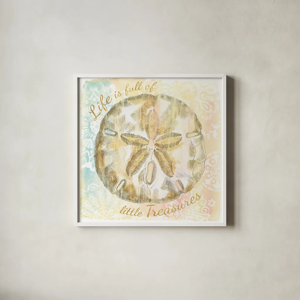Golden Treasures Inspiration VII by Beth Grove. Shown in a crisp white glass frame for a clean and minimalist style. Available as an archival giclee rolled canvas, fine art paper, or poster print. SKU 23532a.
