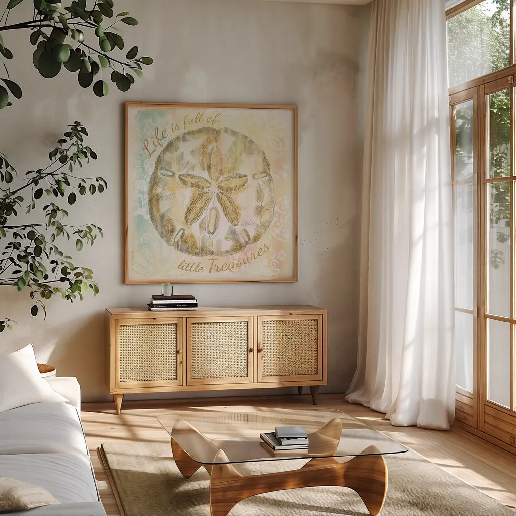 Golden Treasures Inspiration VII by Beth Grove. Shown in a natural wood frame in a cozy modern living room. Available as an archival giclee rolled canvas, fine art paper, or poster print. SKU 23532a.