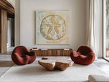 Golden Treasures Inspiration VII by Beth Grove. Shown as extra-large giant wall art in a modern living room. Available as an archival giclee rolled canvas, fine art paper, or poster print. SKU 23532a.