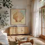 Golden Treasures Inspiration VIII by Beth Grove. Shown in a natural wood frame in a cozy modern living room. Available as an archival giclee rolled canvas, fine art paper, or poster print. SKU 23533a.