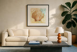 Golden Treasures Inspiration VIII by Beth Grove. Displayed in a glass frame with matte in a clean modern living room. Available as an archival giclee rolled canvas, fine art paper, or poster print. SKU 23533a.