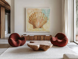 Golden Treasures Inspiration VIII by Beth Grove. Shown as extra-large giant wall art in a modern living room. Available as an archival giclee rolled canvas, fine art paper, or poster print. SKU 23533a.