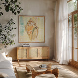 Golden Treasures V by Beth Grove. Shown in a natural wood frame in a cozy modern living room. Available as an archival giclee rolled canvas, fine art paper, or poster print. SKU 23522a.