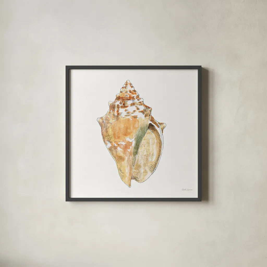 Golden Treasures V on White by Beth Grove. Shown in a sleek black glass frame for a contemporary gallery look. Available as an archival giclee rolled canvas, fine art paper, or poster print. SKU 24033a.