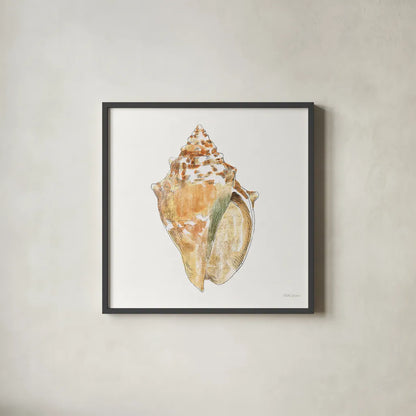 Golden Treasures V on White by Beth Grove. Shown in a sleek black glass frame for a contemporary gallery look. Available as an archival giclee rolled canvas, fine art paper, or poster print. SKU 24033a.
