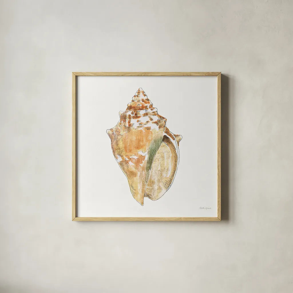 Golden Treasures V on White by Beth Grove. Shown in a natural wood glass frame for a timeless modern aesthetic. Available as an archival giclee rolled canvas, fine art paper, or poster print. SKU 24033a.