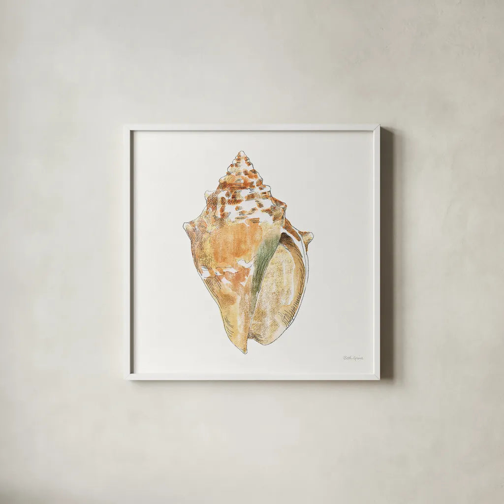 Golden Treasures V on White by Beth Grove. Shown in a crisp white glass frame for a clean and minimalist style. Available as an archival giclee rolled canvas, fine art paper, or poster print. SKU 24033a.