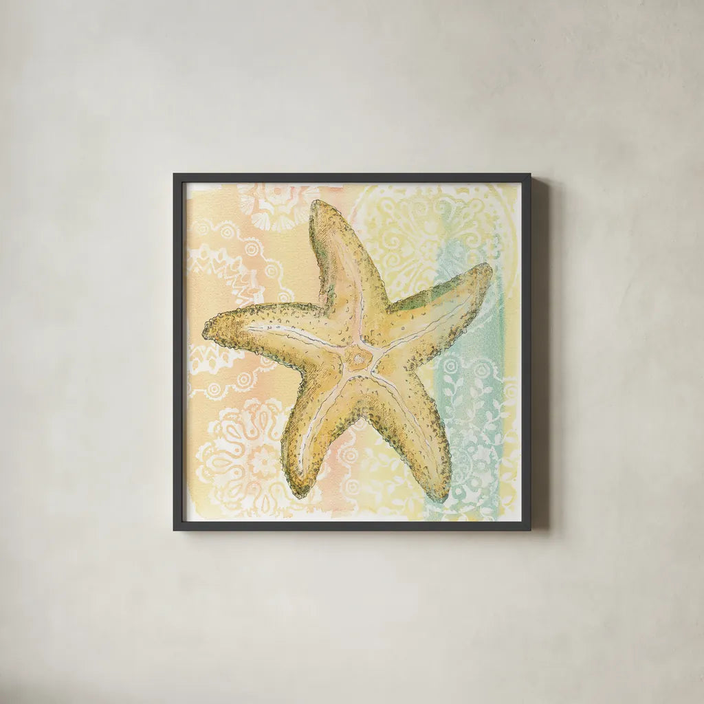 Golden Treasures VI by Beth Grove. Shown in a sleek black glass frame for a contemporary gallery look. Available as an archival giclee rolled canvas, fine art paper, or poster print. SKU 23523a.