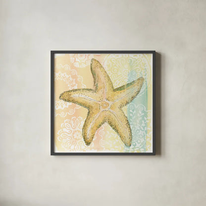 Golden Treasures VI by Beth Grove. Shown in a sleek black glass frame for a contemporary gallery look. Available as an archival giclee rolled canvas, fine art paper, or poster print. SKU 23523a.