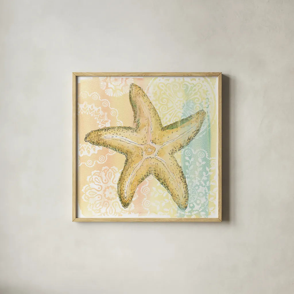 Golden Treasures VI by Beth Grove. Shown in a natural wood glass frame for a timeless modern aesthetic. Available as an archival giclee rolled canvas, fine art paper, or poster print. SKU 23523a.