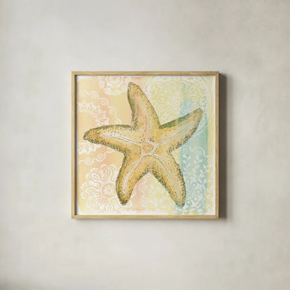 Golden Treasures VI by Beth Grove. Shown in a natural wood glass frame for a timeless modern aesthetic. Available as an archival giclee rolled canvas, fine art paper, or poster print. SKU 23523a.