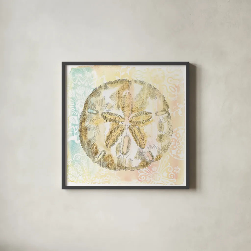 Golden Treasures VII by Beth Grove. Shown in a sleek black glass frame for a contemporary gallery look. Available as an archival giclee rolled canvas, fine art paper, or poster print. SKU 23524a.