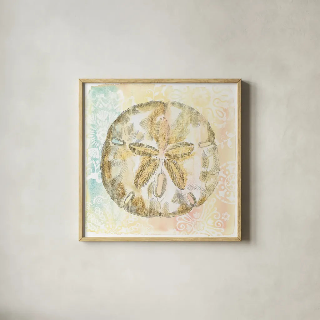 Golden Treasures VII by Beth Grove. Shown in a natural wood glass frame for a timeless modern aesthetic. Available as an archival giclee rolled canvas, fine art paper, or poster print. SKU 23524a.