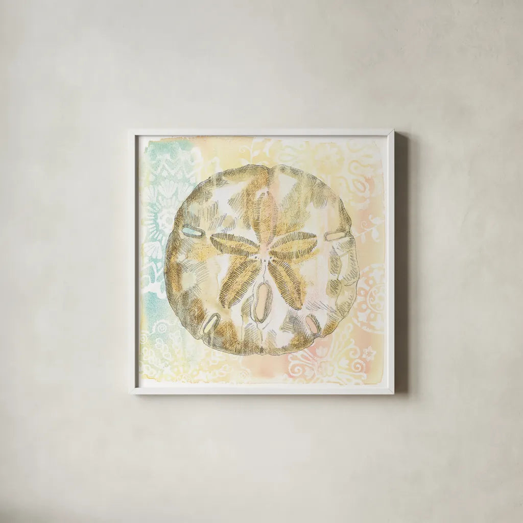 Golden Treasures VII by Beth Grove. Shown in a crisp white glass frame for a clean and minimalist style. Available as an archival giclee rolled canvas, fine art paper, or poster print. SKU 23524a.