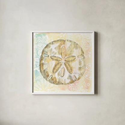 Golden Treasures VII by Beth Grove. Shown in a crisp white glass frame for a clean and minimalist style. Available as an archival giclee rolled canvas, fine art paper, or poster print. SKU 23524a.