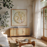Golden Treasures VII by Beth Grove. Shown in a natural wood frame in a cozy modern living room. Available as an archival giclee rolled canvas, fine art paper, or poster print. SKU 23524a.