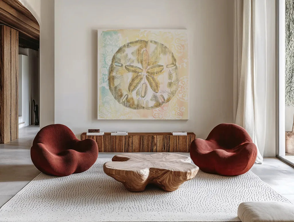 Golden Treasures VII by Beth Grove. Shown as extra-large giant wall art in a modern living room. Available as an archival giclee rolled canvas, fine art paper, or poster print. SKU 23524a.